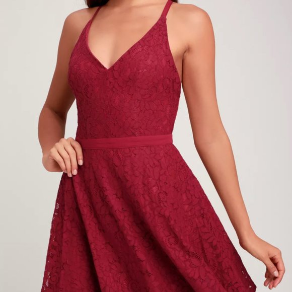 Wine Red Lace Backless Skater Dress - Picture 2 of 4